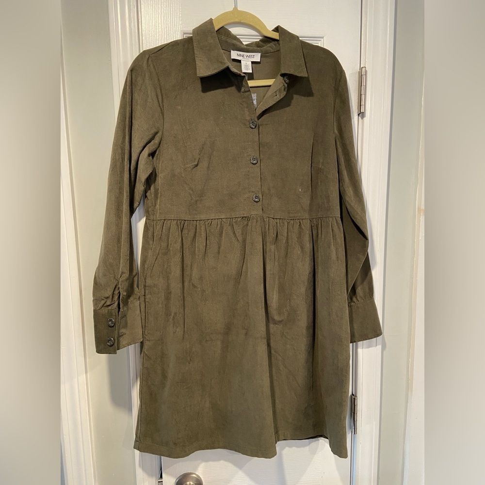 NWT Nine West Olive Green Velvet Button Front Collared Long Sleeve Mini Dress